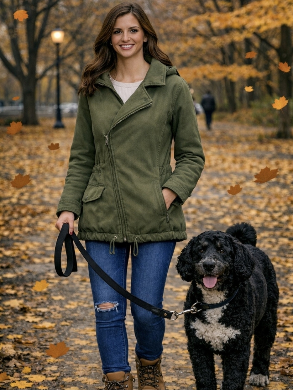 Army Green Hip Length Hooded Side Zippered Jacket